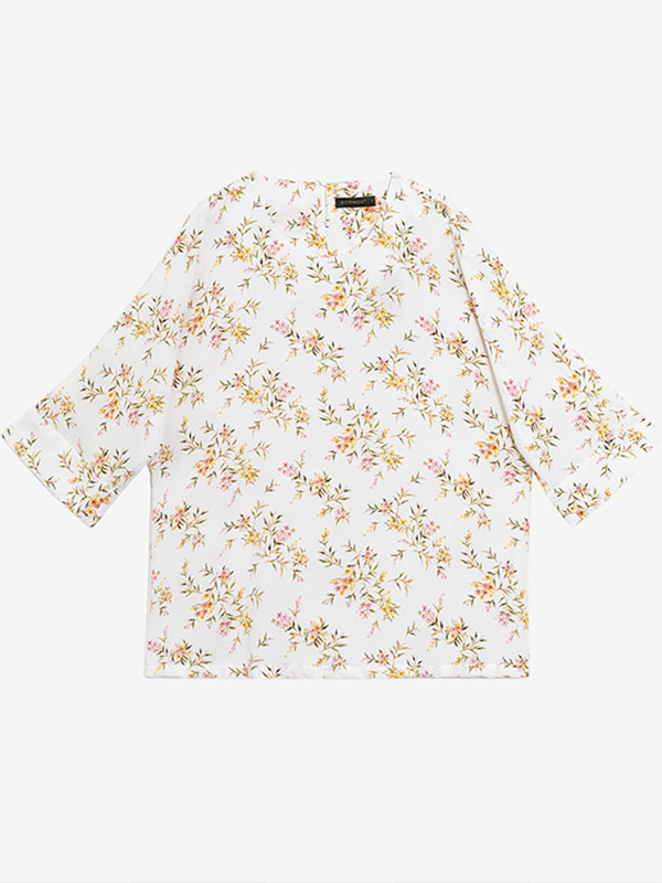 بلوز زنانه سایز بزرگ کرپ طرح دار یقه گرد آستین سه ربع ملیکا