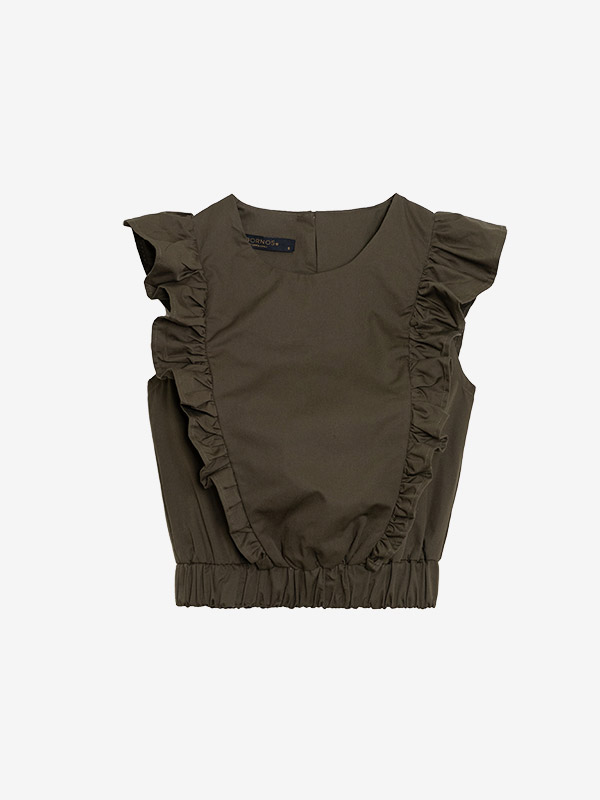 تاپ زنانه کتان یقه گرد آستین چین دار کمر کش کژوال سورنا